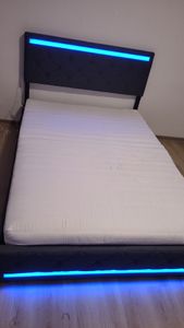 ProximaX lit rembourré 140x200cm avec fonction de chargement, LED et tête de lit réglable en hauteur, lit double avec sommier à lattes et 4 tiroirs, lit de rangement lin, gris Photo du client 8