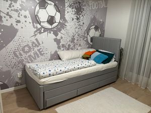 Łóżko tapicerowane Merax 90x200cm z wysuwanym łóżkiem i 3 szufladami, pościel łóżko podwójne łóżko dziecięce łóżko młodzieżowe ze stelażem listwowym i zagłówkiem o regulowanej wysokości Zdjęcie produktu od klienta nr 2