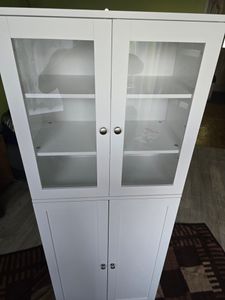 COSTWAY Armoire de cuisine avec portes vitrées & protection anti-basculement, Armoire haute , Buffet de cuisine indépendant, Armoire multi-usages en bois, 1 pièce Noir 60x31,5x161,5cm Photo du client 1