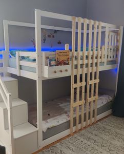 Flieks Lit superposé 90x200cm avec escalier, lit d'enfant avec protection contre la chute, lit surélevé avec sommier à lattes, lit de maison lit superposé lit simple, blanc Photo du client 1