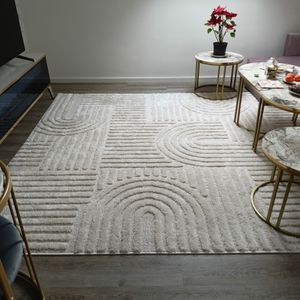 Hochflor Rund Teppich Wohnzimmer Küchenteppich Schlafzimmer Flur Skandi Boho Teppich 3D Design Flauschig Weich , Größe : 120 cm Rund , Farbe : Creme Kunden-Foto 1