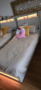 Flieks Polsterbett 180x200cm mit USB, Jugendbett Doppelbett mit Lattenrost und Stauraum, Stauraumbett mit LED, Leinen, Grau Kunden-Foto 23