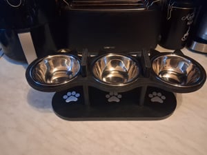 Ecuelle pour chat surélevée Ecuelle pour chat Ecuelle pour chat en bois Ecuelle pour chat surélevée Station d'alimentation pour chats Ecuelle pour chat avec 3 bols en acier inoxydable Photo du client 1