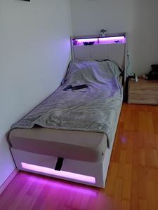 Flieks Polsterbett 180x200cm mit USB, Jugendbett Doppelbett mit Lattenrost und Stauraum, Stauraumbett mit LED, Leinen, Grau Kunden-Foto 34
