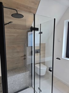 Falttür Duschkabine 90x90x195cm Eckeinstieg Duschabtrennung Doppelt Falttüren Eckdusche Faltbar Duschwand Schwarz Faltdusche aus ESG-NANO GLAS Kunden-Foto 1