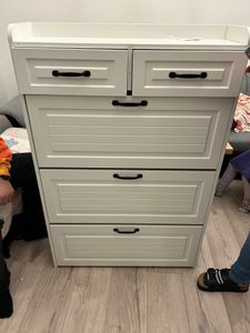 Flieks Schuhschrank Schuhkipper mit 2 Schubladen, Schuhkommode Flurkommode Schuhablage Schmal, Schuhregal mit 3 Klappbaren Schuhregalen, Weiß, 125cm Kunden-Foto 3