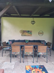Merxx Gartenmöbel Set Santorin 7tlg., 6 Stapelsessel, Ausziehtisch 150 (200) x 90 cm- Aluminium/Akazie Kunden-Foto 1