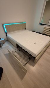 Letto imbottito Fortuna Lai 160x200cm con testata regolabile in altezza, LED e 4 cassetti, letto funzionale matrimoniale in lino, beige Foto del cliente 1