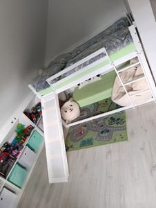 Flieks Etagenbett 90x200cm mit Rutsche, Kinderbett Hausbett mit Rausfallschutz, Hochbett mit Leiter, Holzbett Einzelbett, Weiß Kunden-Foto 2