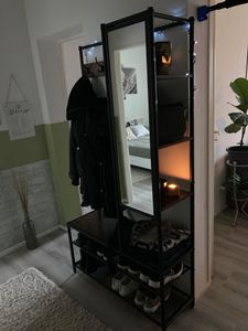 Garderobenständer mit Kleiderhaken, Spiegel, Schuhbank, Kleiderständer, Garderobe, Schuhregal mit Sitzfläche, für Flur, Industrie-Design, 35 x 98 x 182 cm, vintagebraun-schwarz HSR420B01 Kunden-Foto 2