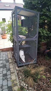 COSTWAY domek dla kota na zewnątrz, odporny na zimę, 182 cm, drewniana klatka dla kota do użytku na zewnątrz, duża klatka dla kota na kółkach, klatka z asfaltowym dachem, drzwiami wejściowymi, 2 platformami i jaskinią do odpoczynku, szary Zdjęcie produktu od klienta nr 1