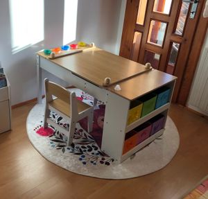 COSTWAY 3 in 1 Kindertisch, Aktivitätstisch & Staffelei aus Holz mit anhebbarer Tischplatte, Kindersitzgruppe für ab 3 Jahren (Natural) Kunden-Foto 1