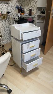 M MCombo Servierwagen mit Rollen & 4 Schubladen, Rollwagen Friseurwagen Weiß, Salon Trolley mit Ablage, Moderner Arbeitswagen 0062 Kunden-Foto 2