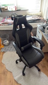 Delman Bürostuhl Gaming Stuhl Massage Gaming Sessel Ergonomischer mit Fußstütze Kopfstütze Massage-Lendenkissen Gaming Chair Drehsessel 02-0042 Grau Kunden-Foto 6
