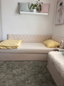 Cama tapizada Flieks de 90x200 cm con espacio de almacenamiento, sofá cama tipo sofá diario con cabecero ajustable, cama tipo sofá diario para niños y adolescentes con somier, tapizada en terciopelo, color beige Foto del cliente 1