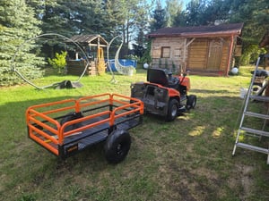 SucceBuy Hochleistungs-ATV-Kippanhänger aus Stahl, 1500 Pfund Tragkraft, 15 Kubikfuß, Kippkarre zum Hinterherziehen mit abnehmbaren Seitenwänden und 2 Reifen, für Rasenmäher, Traktoren, ATV, UTV Kunden-Foto 1