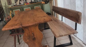FineBuy Panca da pranzo 160x85,5x60 cm Panca in legno massello di acacia con bordo naturale Panca in legno con schienale Panca da cucina Panca da pranzo in legno Stile rustico Tronco d'albero Foto del cliente 1