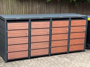 Struttura per bidoni della spazzatura da 4, finitura effetto legno, da 120 L a 240 L, per quattro bidoni; rivestimento in metallo zincato con frontale effetto legno Foto del cliente 2