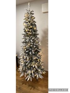 Yorbay 210cm Künstlicher Weihnachtsbaum Slim mit Beleuchtung LED Tannenbaum für Weihnachten-Dekoration, Schneebeflockt, Schmal, Weiß Kunden-Foto 4