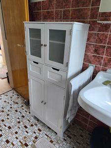 Aufbewahrungsschrank mit Türen, freistehend mit 4 Türen, 2 Schubladen & verstellbaren Regalen, multifunktional, für Küche, Badezimmer, Wohnzimmer (Weiss) Kunden-Foto 1