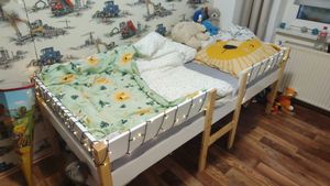 Flieks Kinderbett Massives Kiefernholzbett Hochbett mit Lattenrost und Rausfallschutz 90*200cm, Naturbelassen Kunden-Foto 1