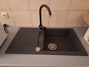 Granitspüle mit Armatur Küchenspüle schwarz spülbecken 58x44 Einbauspüle Zubehör - Hochdruckarmatur Kunden-Foto 11