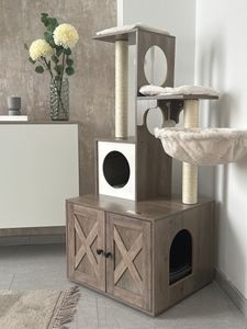 FEANDREA Kratzbaum, 2-in-1 mit Katzenklo, abnehmbaren, waschbaren Kissen, Sisalstämme, Hängematte Kunden-Foto 1