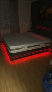 Flieks Polsterbett 140x200cm mit Ladefunktion (USB & Type-C), Doppelbett Jugendbett mit Led, Stauraumbett Boxspringbett mit Stauraum, Leinen, Grau Kunden-Foto 3