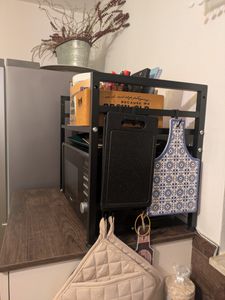 Küchenregale, Ausziehbarer Mikrowellenständer mit 6 Haken, 40-64cm ausziehbarer Mikrowellen Regal, Gewürzregal, Mikrowellenhalterung, Organizer mit 6 Haken, bis 30kg, Schwarz Kunden-Foto 26