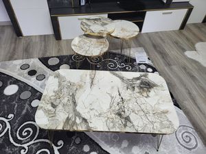 Luxus Couchtisch Set 4-Teilig Marmor Design Schwarz Weiß Beistelltisch Sofatisch: Weiß Gold Kunden-Foto 3