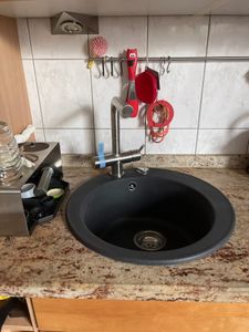 Manestein Spülbecken, Küchenspüle aus Granit, Abtropffläche, Einzelbecken mit Siphon,  1 Becken, 76 x 44 cm, Grau Kunden-Foto 1