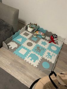 XXL Krabbelmatte Puzzelmatte mit Rand Spielmatte für Babys und Kleinkinder 150 x 150 x 1 cm + Wasserdicht - Rosa/Grau/Weiß Kunden-Foto 1