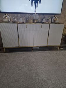 160 cm Sideboard mit 1 großen Schublade 4 Türen, Kommode mit Verstellbaren Einlegeböden, mit 5 Füßen, Weiß und Gold, 160 x 40 x 80 cm Kunden-Foto 1