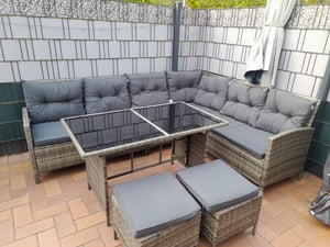 Juskys Polyrattan Lounge Manacor - Sofa, Tisch, Hocker & Kissen inkl. Abdeckung - Grau-meliert & Grau Kunden-Foto 4