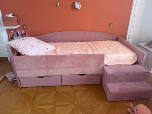 Flieks Polsterbett 90x190cm mit 2 Schubladen, Kinderbett Schlafsofa mit Treppe, Kinder Hochbett mit Rausfallschutz, Samt, Grau Kunden-Foto 2
