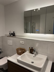 SONNI Metall Spiegelschrank mit LED Beleuchtung 38x60x14 cm,Dimmbar Dual-Touch-Schalter,1 Türig,Kabellose Scharnierkonstruktion Wandschrank,Badschrank Kunden-Foto 2