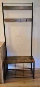 VASAGLE Garderobenständer, Kleiderständer mit Schuhablagen, Schuhregal mit Sitzfläche, für Flur, mit Haken, 3 Ablagen, aus Metall, Höhe 175 cm, Industrie-Design, walnussbraun-schwarz HSR041B41 Kunden-Foto 1