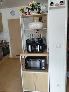 Kuchyňská polička se zásuvkami, kuchyňská skříňka, pracovní deska vysoká 90 cm, stojící polička s 8 háčky, vintage hnědá-matná černá Fotografie od zákazníka č. 1