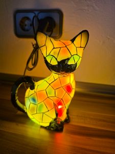 Katzen Lampe, Katzenlampe Mosaik, Nachttischlampe, USB Nachtlicht Katze mehrfarbig, vintage buntglas lampe, Bedside lamp, Schlafzimmer Deko Geschenk Kunden-Foto 3