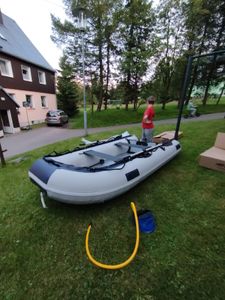 ArtSport Schlauchboot 3,20 m für 4 Personen mit 2 Sitzbänke & Aluboden – Paddelboot mit Paddel, Pumpe, Tasche & Reparaturset – Angelboot aufblasbar Kunden-Foto 1