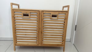 COSTWAY Doppio cesto girevole per il bucato, 75 L di bambù per il bucato con 2 contenitori rimovibili, mobile per il bucato autoportante naturale Foto del cliente 1