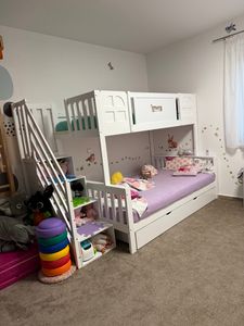 Merax Etagenbett Kinderbett 90x200 & 120x200 cm mit Rutsche & Fenster, Treppe mit Stauraum, Schublade mit Rollen, Abenteuerbett für Kinderzimmer Kunden-Foto 1