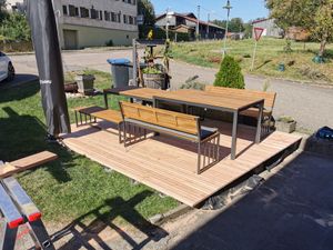 Sada zahradního nábytku Merxx Milos, 4 lavice včetně polštářů, rozkládací stůl Flex 160 (320) x 90 (79) x 76 (67,5) cm – hliník/akácie Fotografie od zákazníka č. 2
