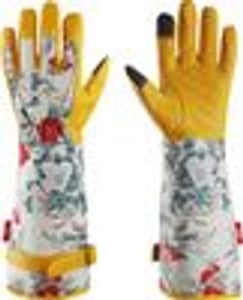 Mustbau Lange Gartenhandschuhe für Damen, Kunstleder Gauntlet Wasserabweisend Rosenhandschuhe, Garten Arbeitshandschuhe für Gartenarbeit Hausarbeit (Gelb, M) Kunden-Foto 1