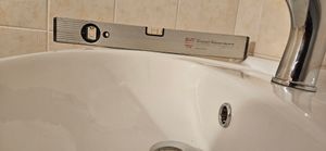 Badezimmerschrank mit Waschbecken auf Beinen 85x65 stehend weiß Mea mit länglichem Chromhahn Kunden-Foto 1