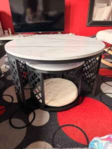MODFU Runder Couchtisch 2er-Set,Satztische mit Stauraum,Sofatische Wohnzimmertische in Marmoroptik,runde Kaffeetische,Beistelltische Schwarz-Weiß Kunden-Foto 1