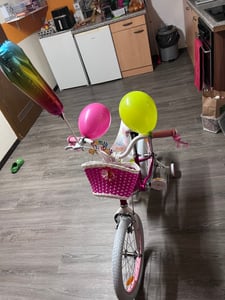Vélo pour fille HILAND 18 pouces avec panier et rubans, frein avant à étrier et frein arrière à pédale, roues d'appui, violet Photo du client 1
