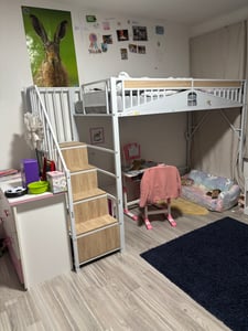 Flieks Etagenbett 90x200cm mit Treppe, Hochbett mit Rausfallschutz, Kinderbett mit Lattenrost, Metallbett Einzelbett Stockbett, Weiß Kunden-Foto 1