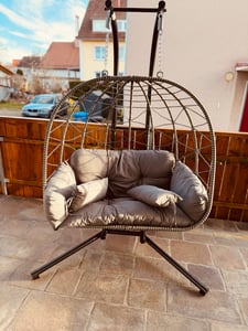 Juskys Doppelhängesessel Aria - Polyrattan Hängesessel mit Gestell & Kissen - Grau Kunden-Foto 1