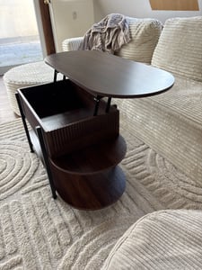 FABATO höhenverstellbare Konstruktion, dreistöckiges Design, versteckter Stauraum und edle Nussbaum-Optik,Moderner ovaler Couchtisch von Kunden-Foto 2